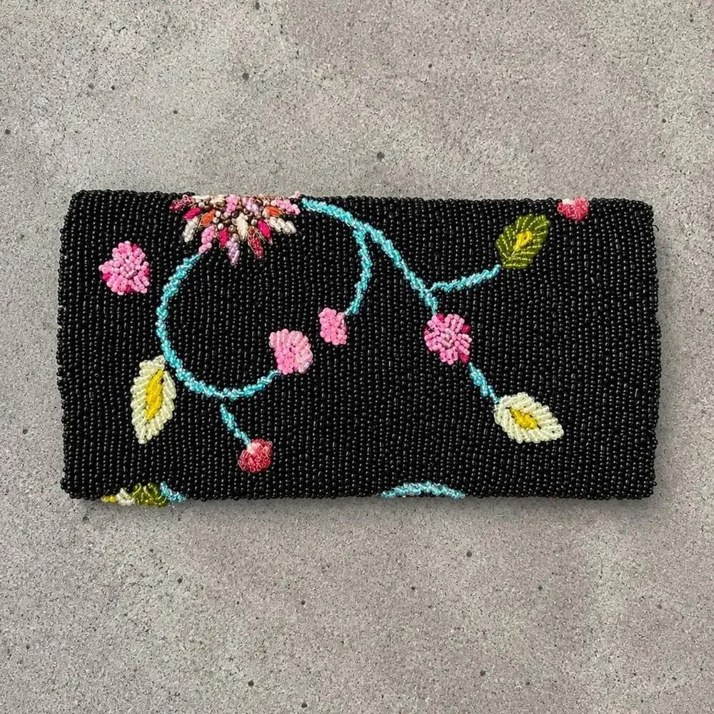 Vintage Black Beaded Floral Clutch Purse Evening Bag Boho